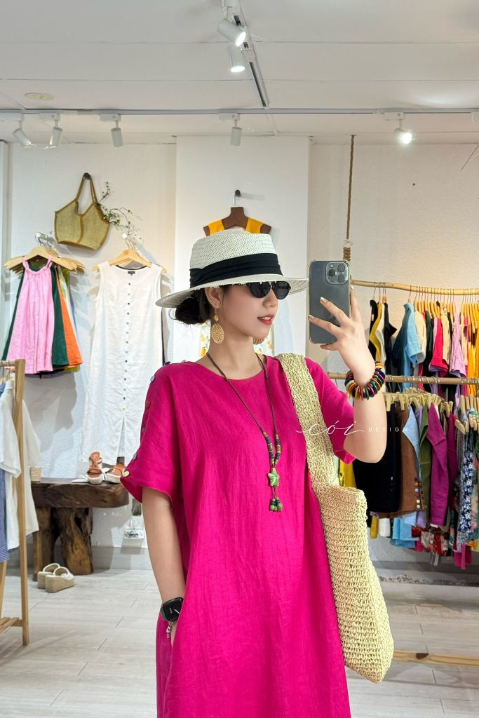 Đầm suông nút bọc màu kèm belt Linen tưng Cói Design