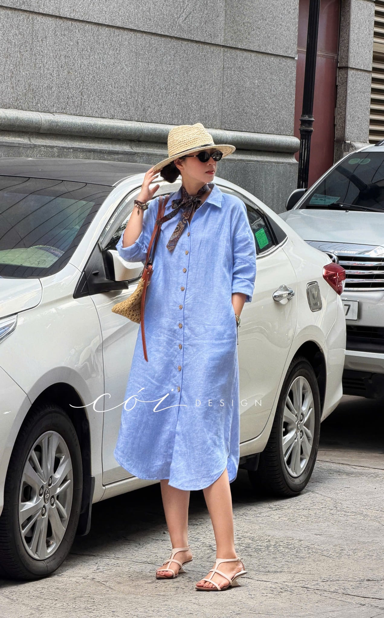 Đầm sơ mi tay dài vạt bầu linen tưng premium Cói Design