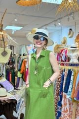 Đầm sát nách nút bọc màu 2 túi linen tưng premium Cói Design