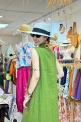 Đầm sát nách nút bọc màu 2 túi linen tưng premium Cói Design