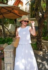 Áo xếp ly cổ tròn sát nách linen tưng Premium Cói Design
