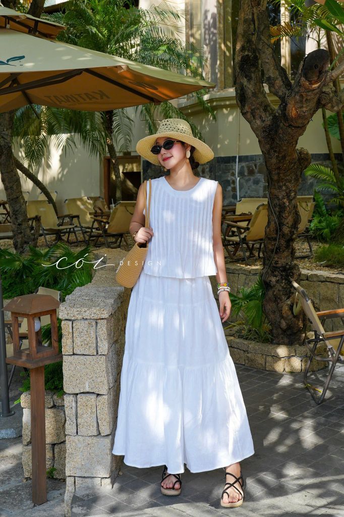 Áo xếp ly cổ tròn sát nách linen tưng Premium Cói Design