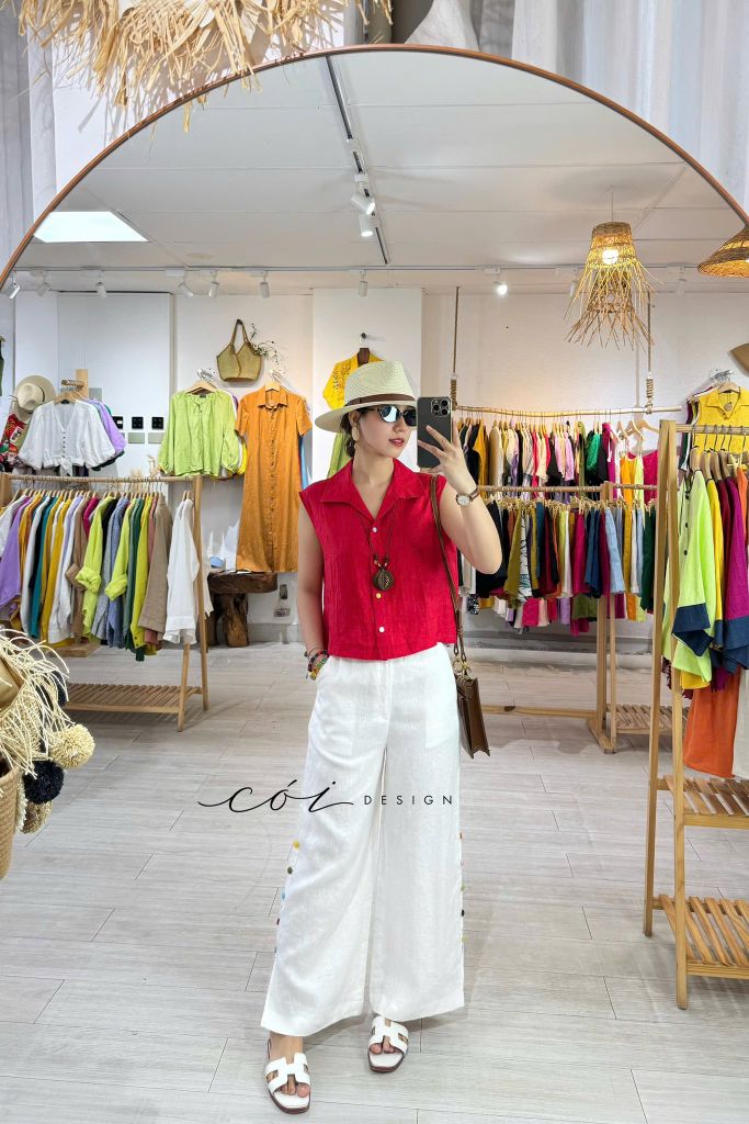 Áo sát nách cổ sơ mi nút bọc màu Linen tưng Cói Design