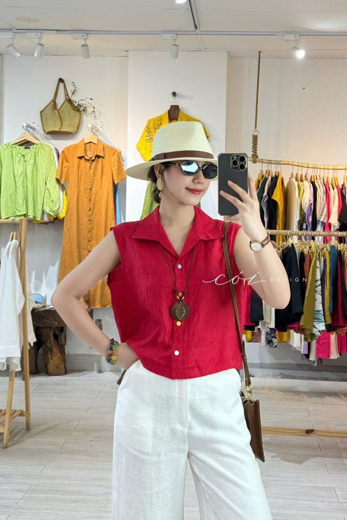 Áo sát nách cổ sơ mi nút bọc màu Linen tưng Cói Design