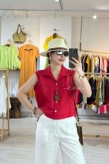 Áo sát nách cổ sơ mi nút bọc màu Linen tưng Cói Design