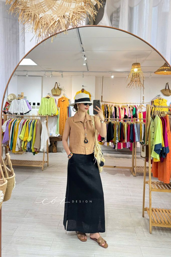Áo sát nách cổ sơ mi nút bọc màu Linen tưng Cói Design