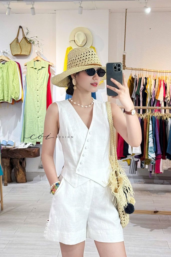 Quần short nút bọc màu linen tưng premium Cói Design