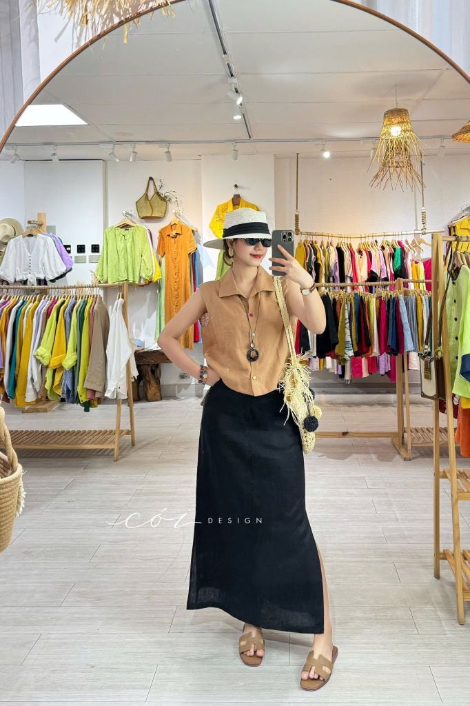 Áo sát nách cổ sơ mi nút bọc màu Linen tưng Cói Design