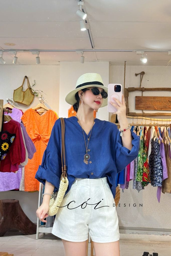 Áo cổ trụ tay nhún form oversize linen tưng premium Cói Design
