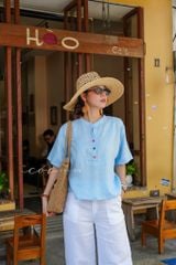 Áo cổ trụ tay ngắn nút bọc màu linen Tưng Cói Design
