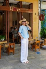 Áo cổ trụ tay ngắn nút bọc màu linen Tưng Cói Design