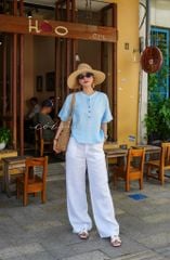 Áo cổ trụ tay ngắn nút bọc màu linen Tưng Cói Design