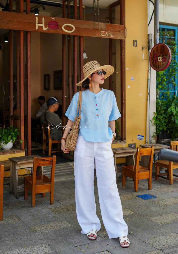 Áo cổ trụ tay ngắn nút bọc màu linen Tưng Cói Design
