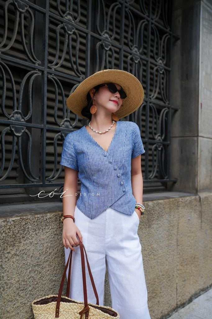 Áo gile xéo nút tay ngắn linen tưng premium Cói Design