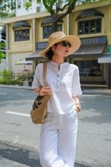 Áo cổ trụ tay ngắn nút bọc màu linen Tưng Cói Design