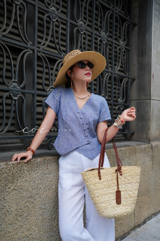 Áo gile xéo nút tay ngắn linen tưng premium Cói Design