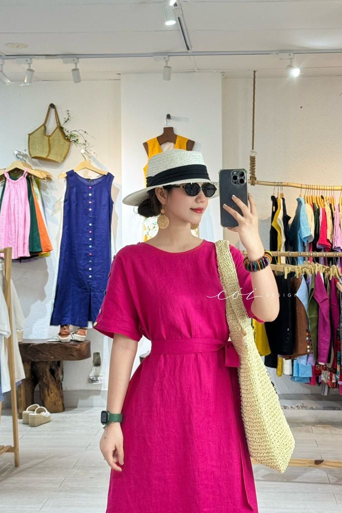 Đầm suông nút bọc màu kèm belt Linen tưng Cói Design