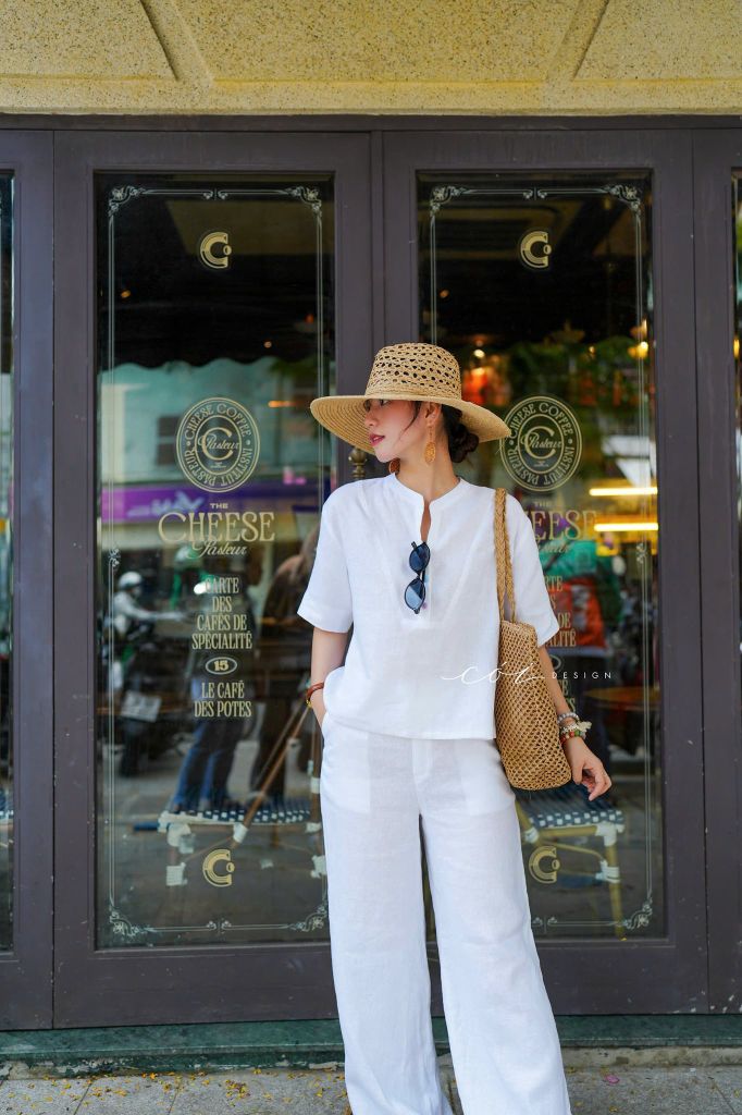 Áo cổ trụ tay ngắn nút bọc màu linen Tưng Cói Design