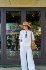 Áo cổ trụ tay ngắn nút bọc màu linen Tưng Cói Design