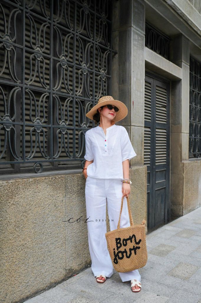 Áo cổ trụ tay ngắn nút bọc màu linen Tưng Cói Design