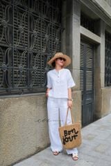 Áo cổ trụ tay ngắn nút bọc màu linen Tưng Cói Design