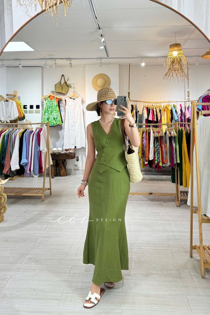 Áo gile nút bọc linen tưng premium Cói Design