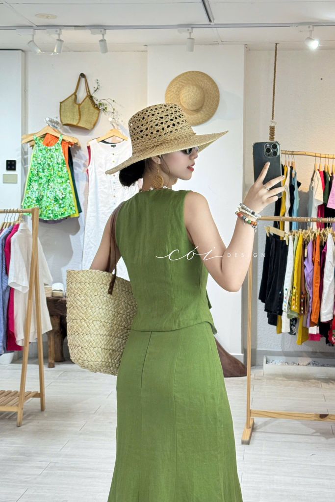 Áo gile nút bọc linen tưng premium Cói Design