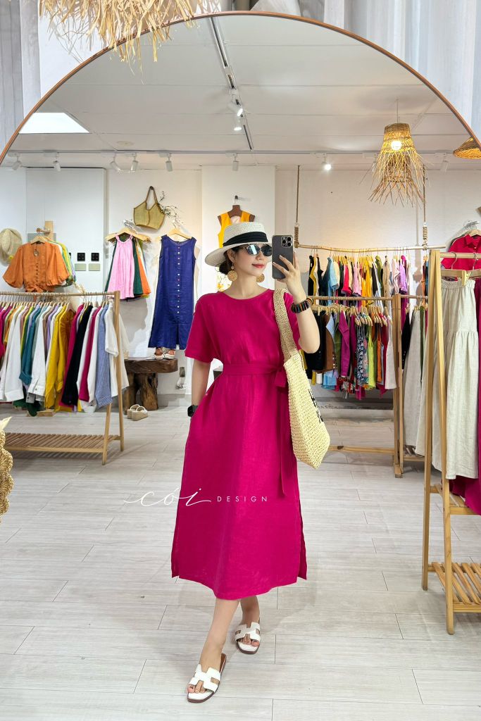 Đầm suông nút bọc màu kèm belt Linen tưng Cói Design
