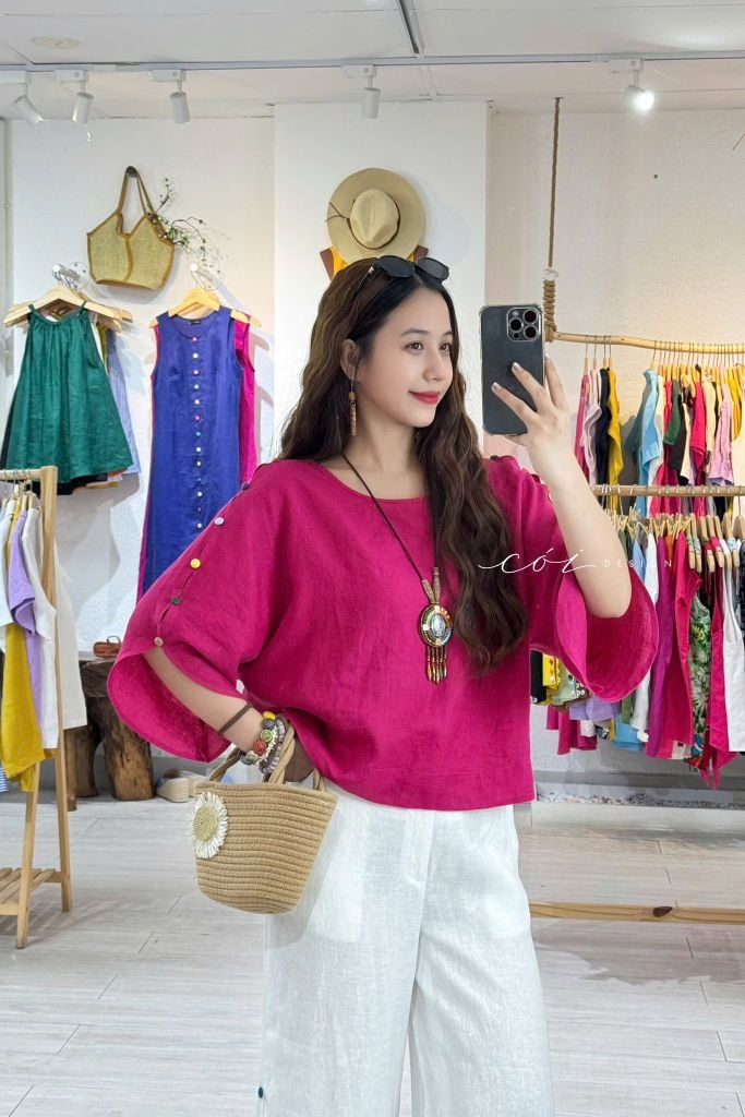 Áo tay rơi đan chéo lưng linen tưng premium Cói Design