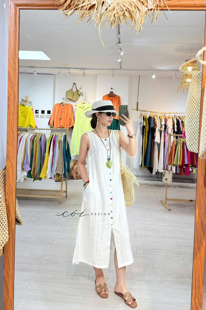 Đầm xẻ tà nút bọc màu linen tưng premium Cói Design