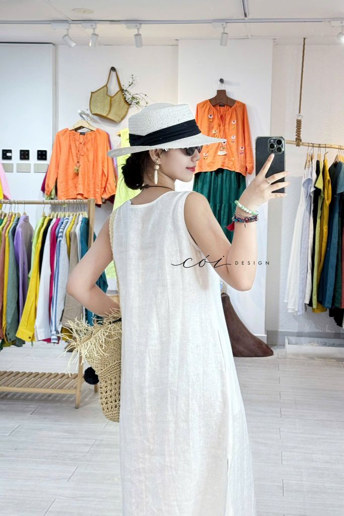 Đầm xẻ tà nút bọc màu linen tưng premium Cói Design