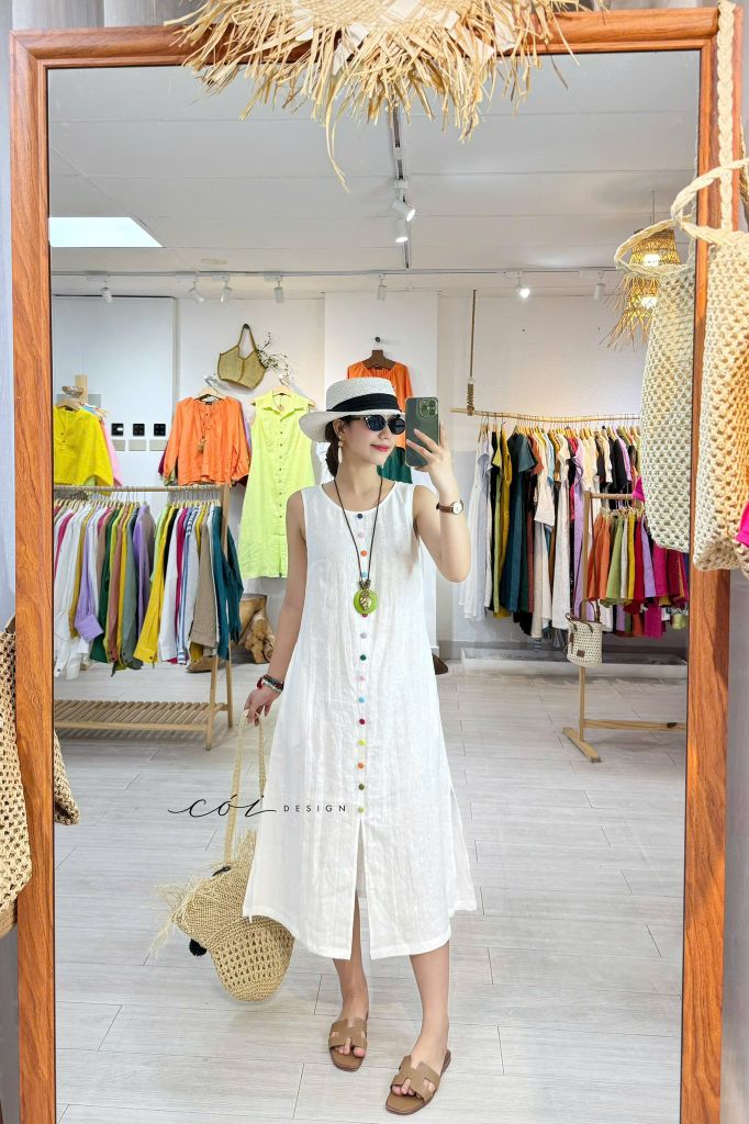 Đầm xẻ tà nút bọc màu linen tưng premium Cói Design