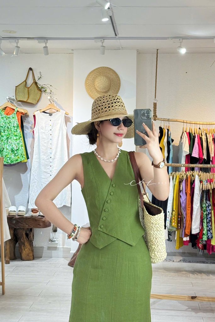 Áo gile nút bọc linen tưng premium Cói Design