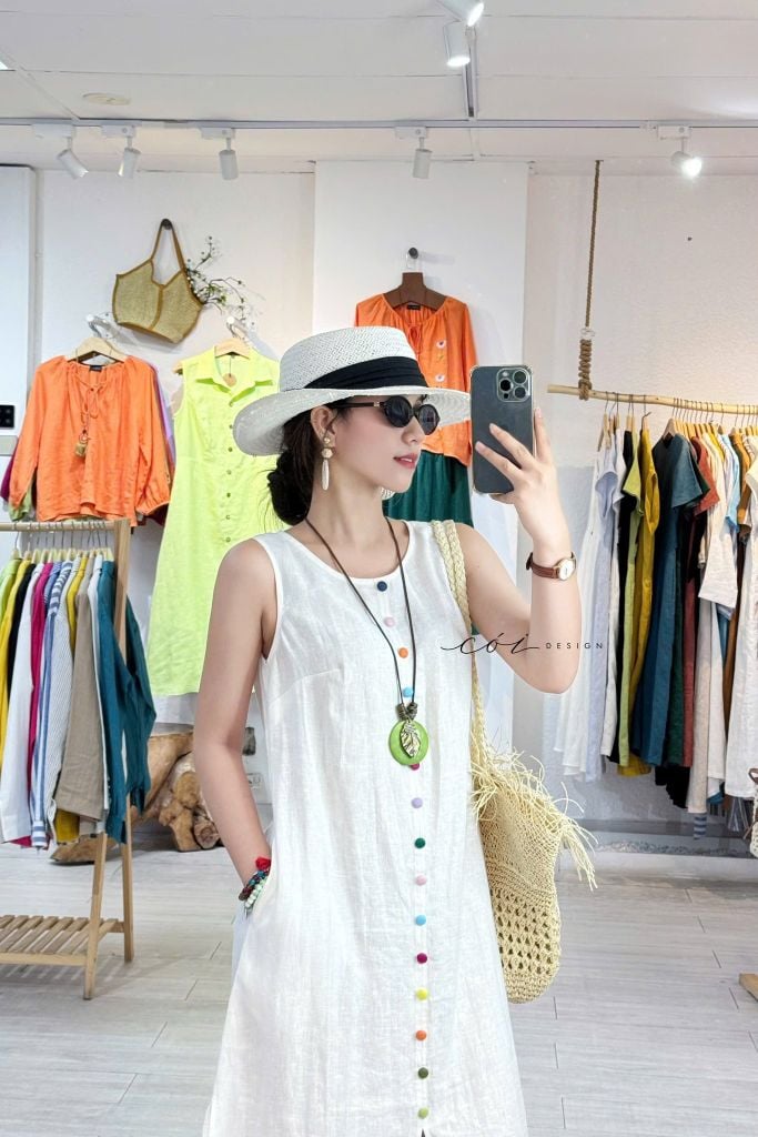 Đầm xẻ tà nút bọc màu linen tưng premium Cói Design