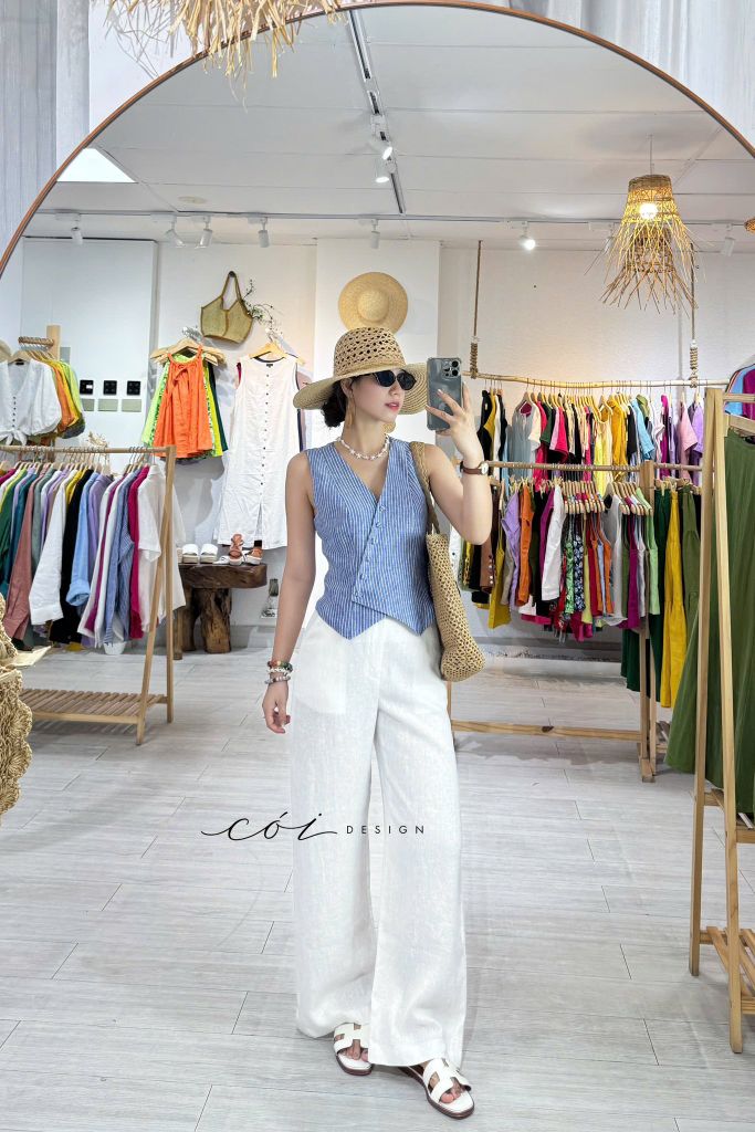 Áo gile nút bọc linen tưng premium Cói Design