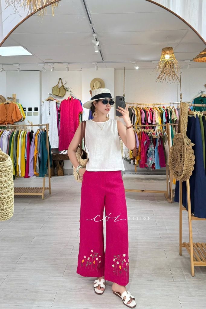 Quần suông thêu hoa nút bọc linen tưng premium Cói Design