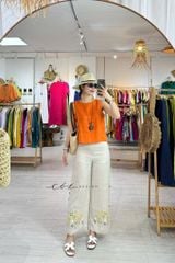 Quần suông thêu hoa nút bọc linen tưng premium Cói Design