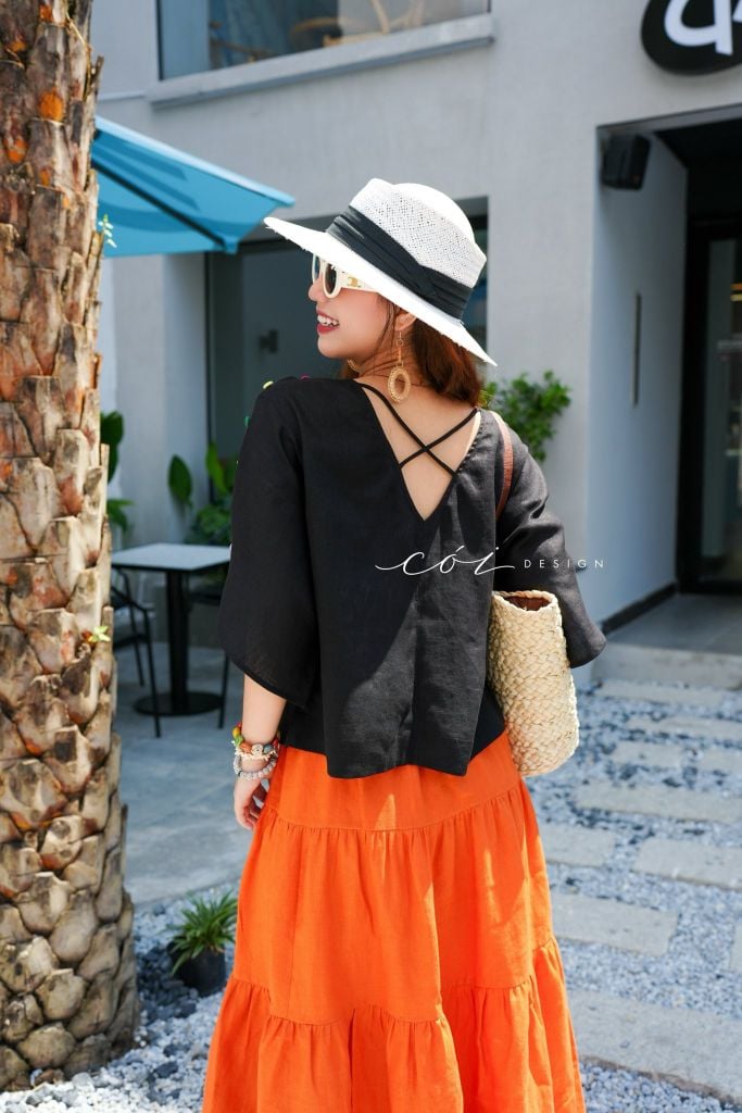 Áo tay rơi đan chéo lưng linen tưng premium Cói Design