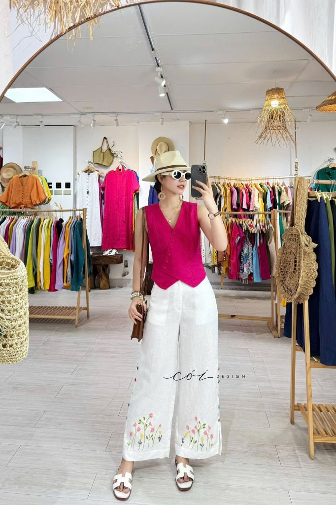 Quần suông thêu hoa nút bọc linen tưng premium Cói Design