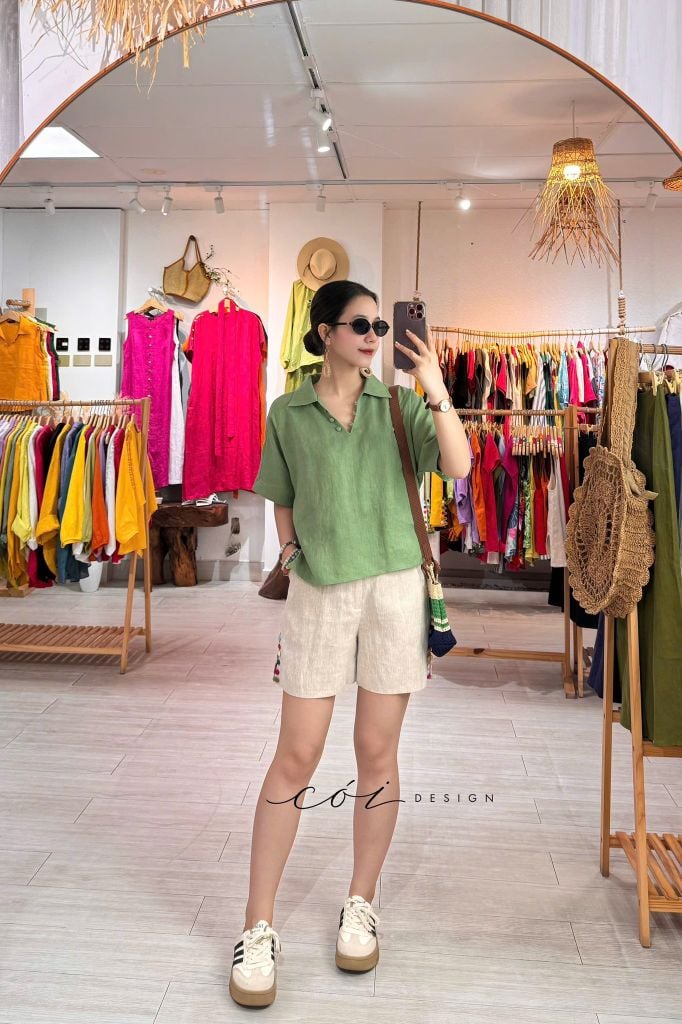 Quần short nút bọc màu linen tưng premium Cói Design