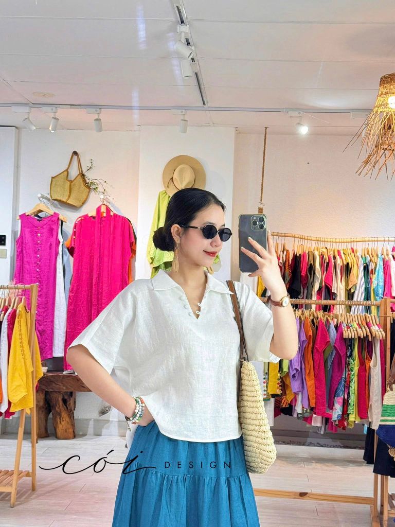 Áo cổ V tay ngắn linen tưng premium Cói Design
