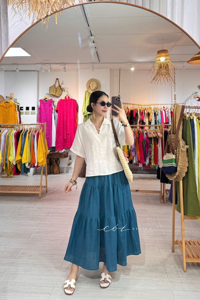 Áo cổ V tay ngắn linen tưng premium Cói Design