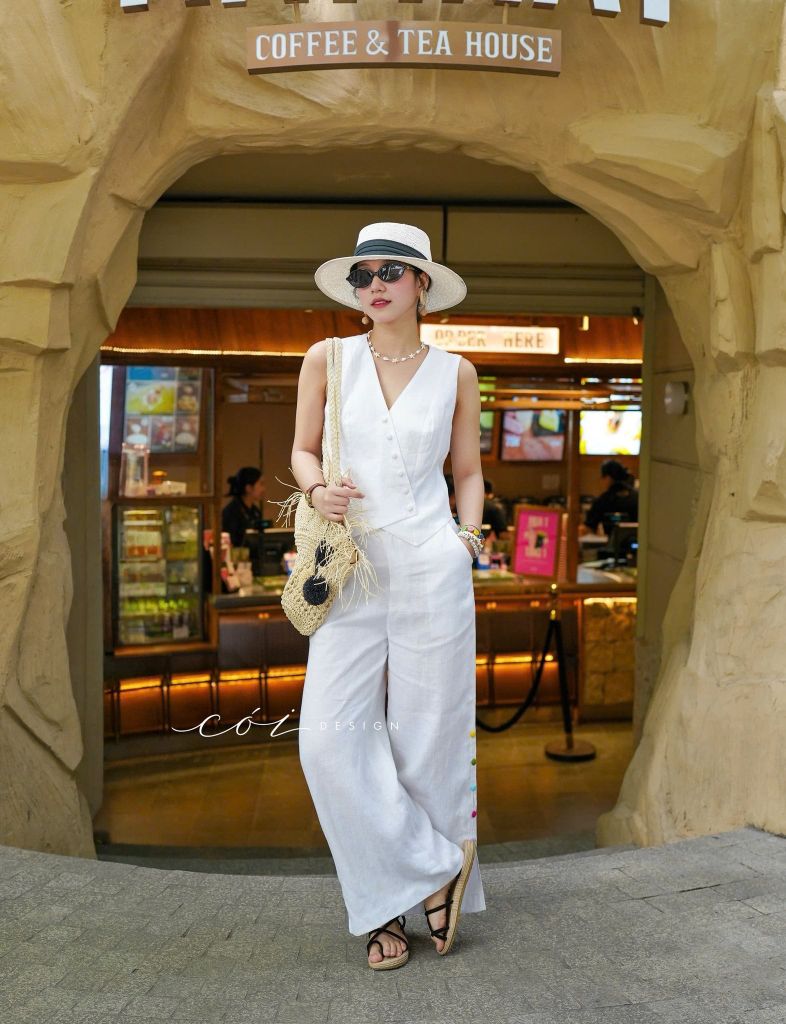 Áo gile nút bọc linen tưng premium Cói Design