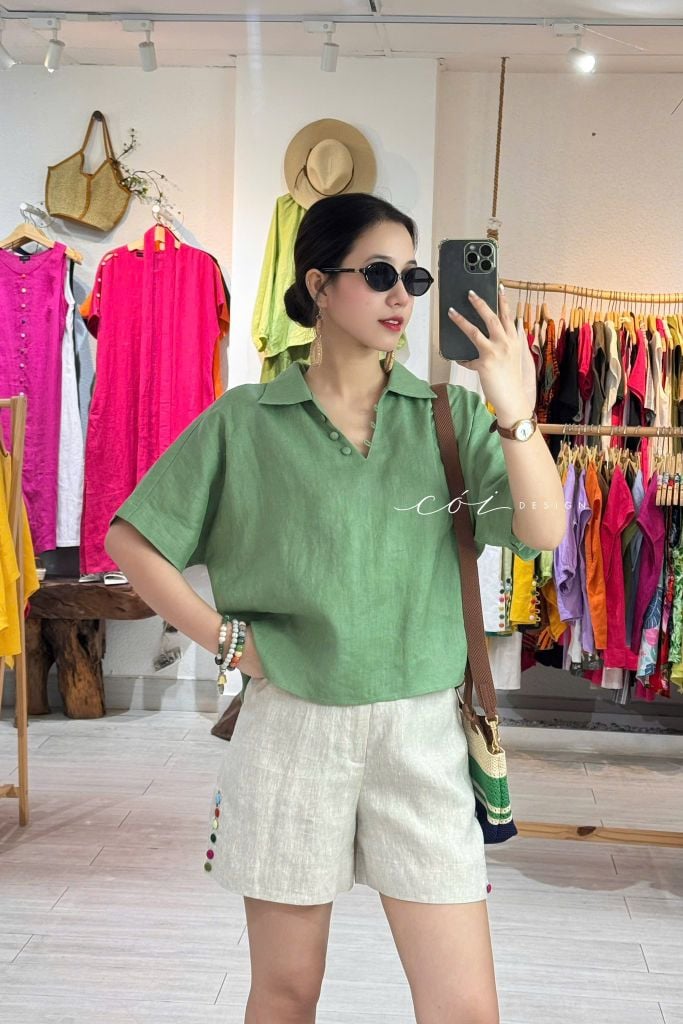 Quần short nút bọc màu linen tưng premium Cói Design