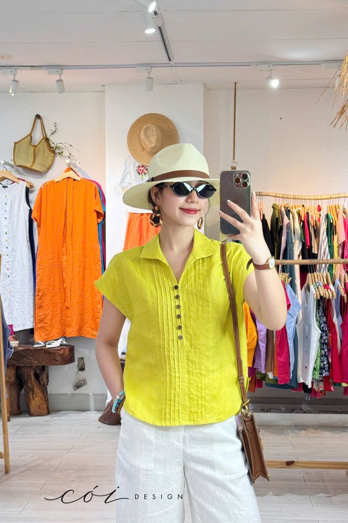Áo cổ sơ mi xếp ly linen tưng premium Cói Design