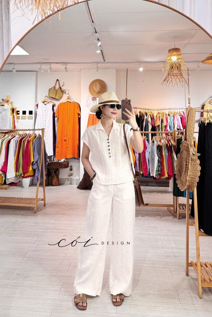 Áo cổ sơ mi xếp ly linen tưng premium Cói Design