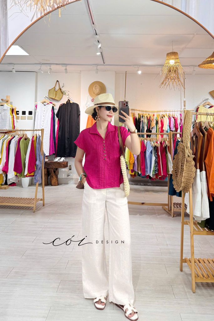 Áo cổ sơ mi xếp ly linen tưng premium Cói Design