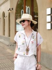 Áo Thêu hoa cổ sơ mi phối dây linen tưng premium Cói Design