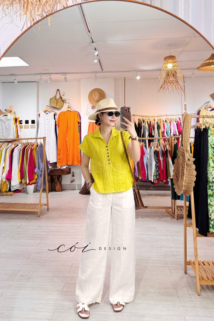 Áo cổ sơ mi xếp ly linen tưng premium Cói Design