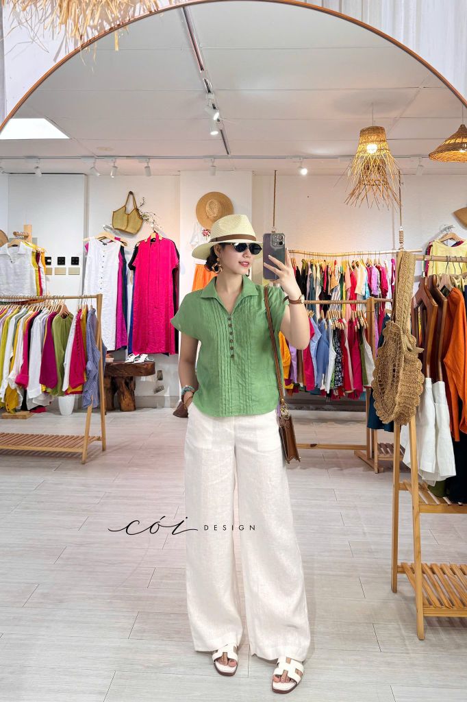 Áo cổ sơ mi xếp ly linen tưng premium Cói Design
